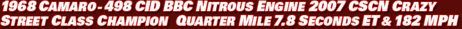 1968 Camaro – RT 509 CID BBC Engine 2006 CSCN Championship Winner Quarter Mile 7.8 ET & 182 MPH