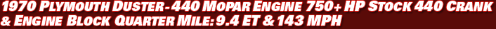 1970 plymouth duster - 440 mopar engine 750+ hp stock 440 crank & engine block quarter mile: 9.4 et & 143 mph