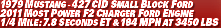 1979 Mustang - 427 CID small block Ford 2011 most power F2 charger Ford engine 1/4 mile: 7.8 seconds ET & 184 mph at 3450 lbs